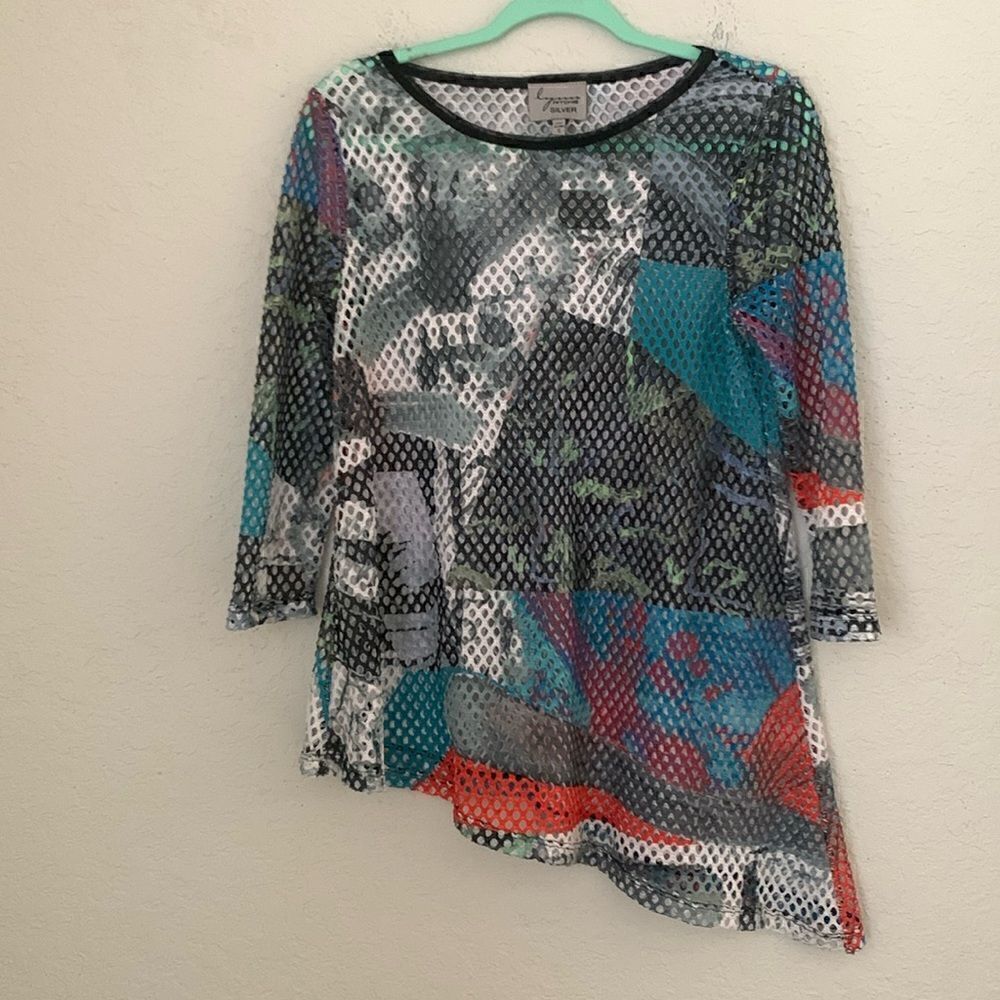 Lynn Ritchie Silver Mesh Asymmetrical Abstract Print Top Tunic Women’s Size S